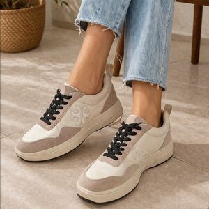 Tory Burch Platform Sneakers Ivory Suede Leather Trainer Size 9